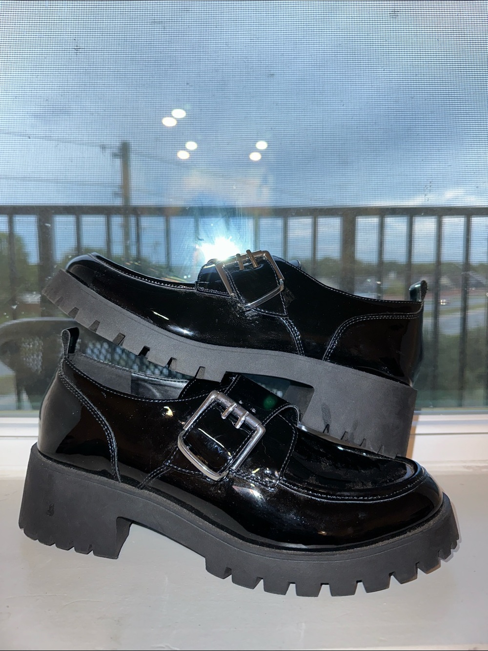 Marc Fisher Black Patent Chunky Lug Sole Moccasins with Silver Buckles